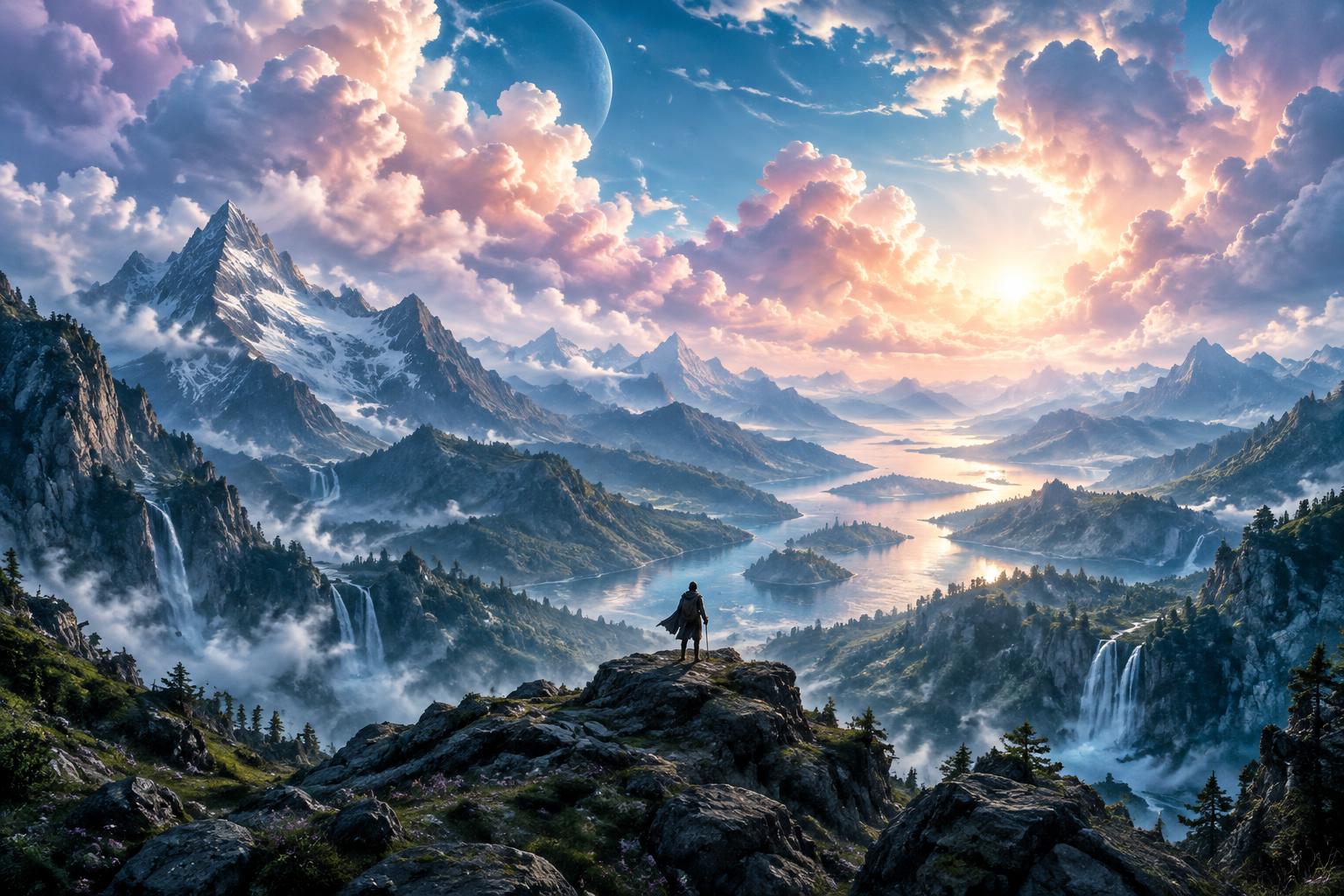 A traveller overlooking a luminous mountain cloudscape
